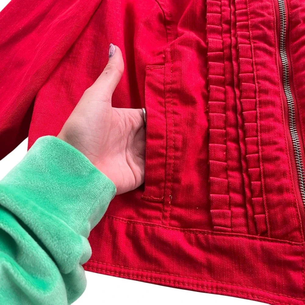 Jessica London Women 14 Red Denim Cotton Blend Full Zip Ruffle Front Jean Jacket
